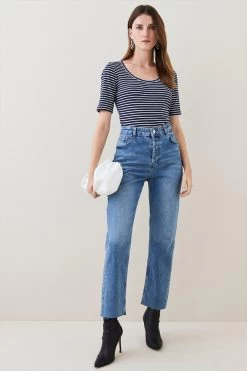 Karen Millen Cotton Stripe Scoop Neck 3/4 Sleeve T-shirt