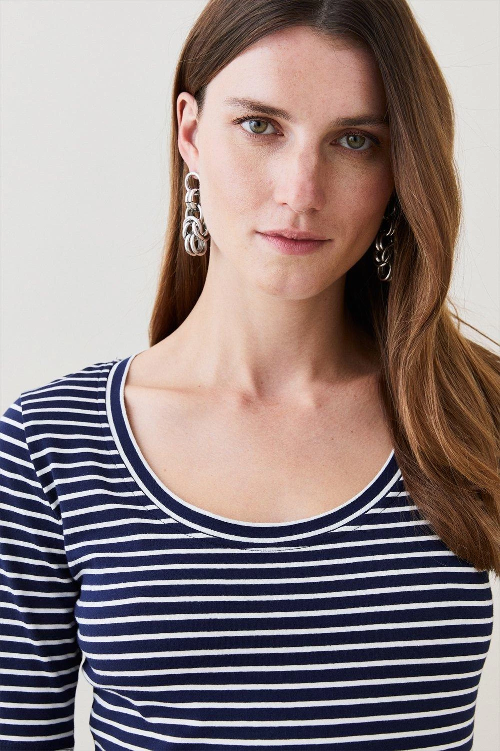 Karen Millen Cotton Stripe Scoop Neck 3/4 Sleeve T-shirt - Image 5