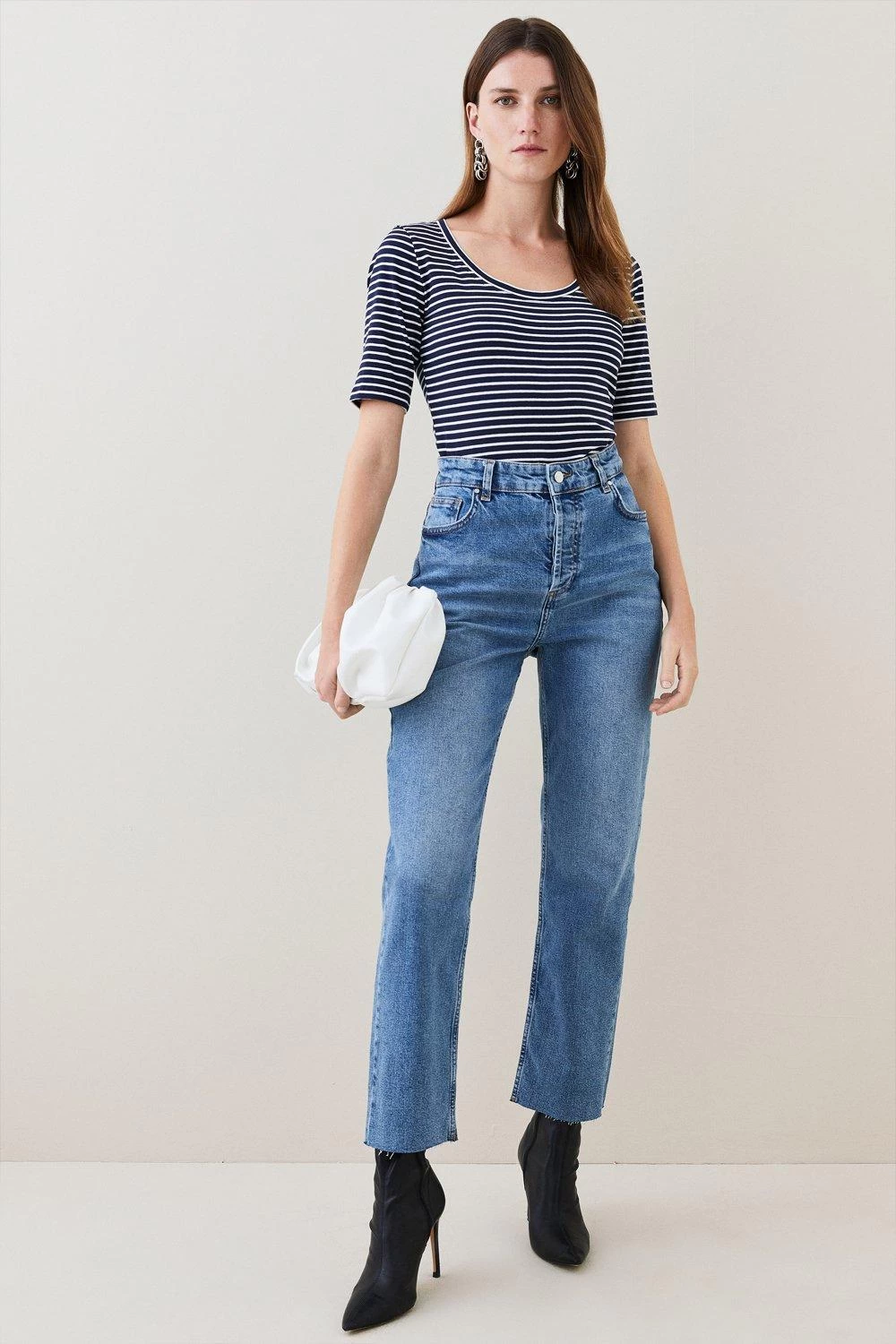 Karen Millen Cotton Stripe Scoop Neck 3/4 Sleeve T-shirt