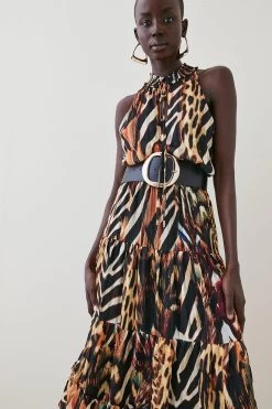 Karen Millen Animal Shirred Halter Woven Maxi Dress