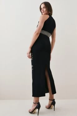 Karen Millen All Over Baroque Hot Fix Halter Neck Neck Midaxi Dress