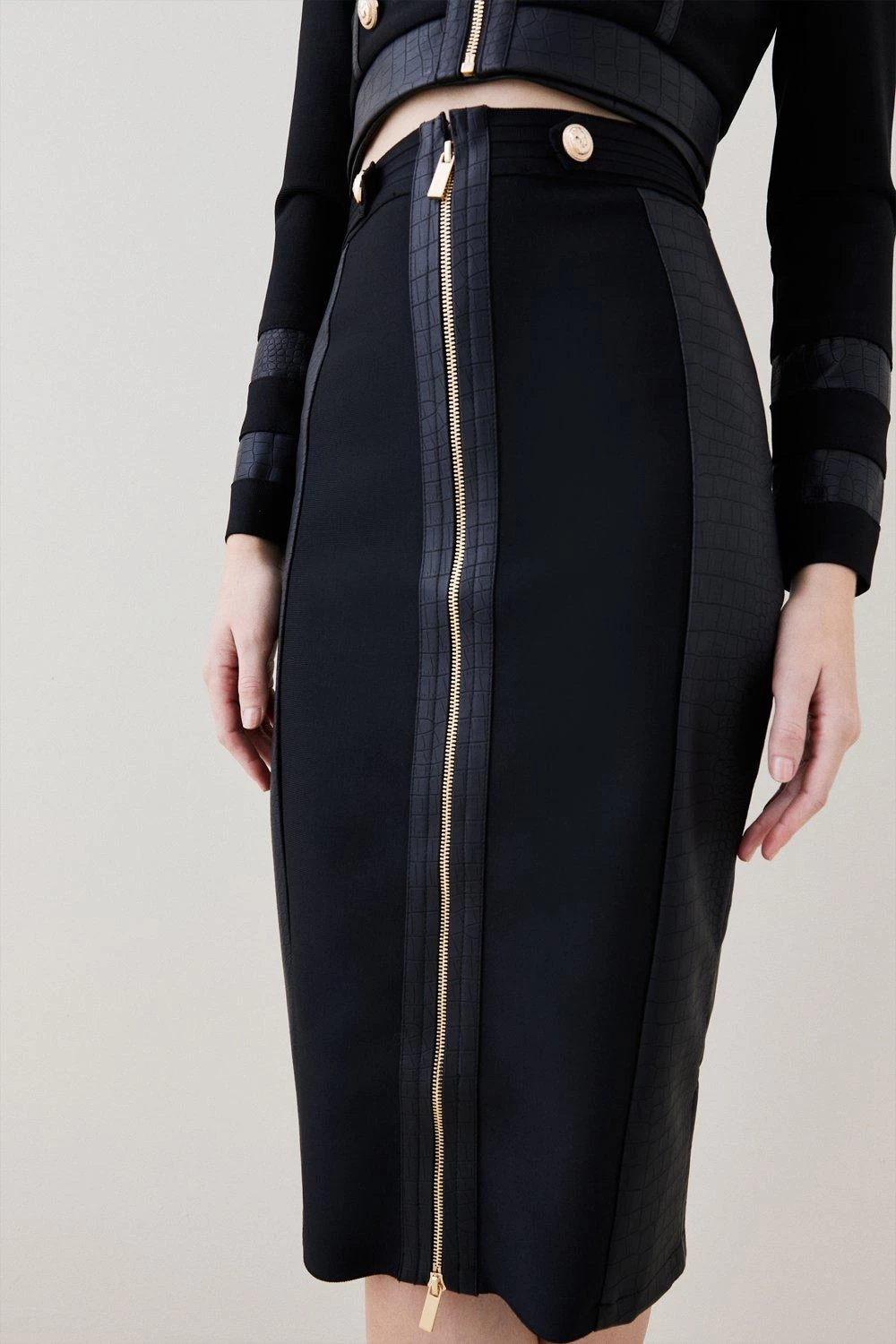 Karen Millen Bandage Knit & Croc Pu Military Pencil Skirt - Image 2