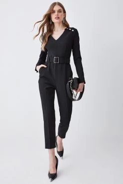 Karen Millen Compact Stretch Button Detail Shoulder Slim Leg Jumpsuit