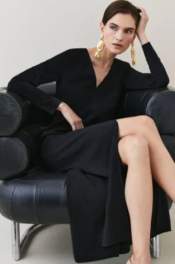 Karen Millen Compact Viscose Sleeved Split Front Maxi Dress