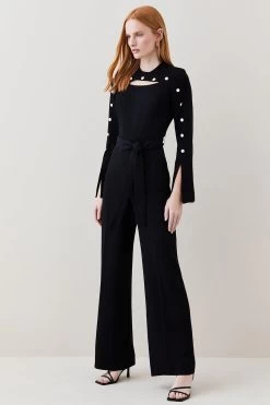 Karen Millen Compact Viscose Stud Sleeve Wide Leg Jumpsuit