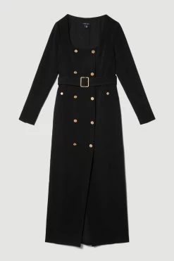 Karen Millen Compact Viscose Tux Sleeved Belted Maxi Dress