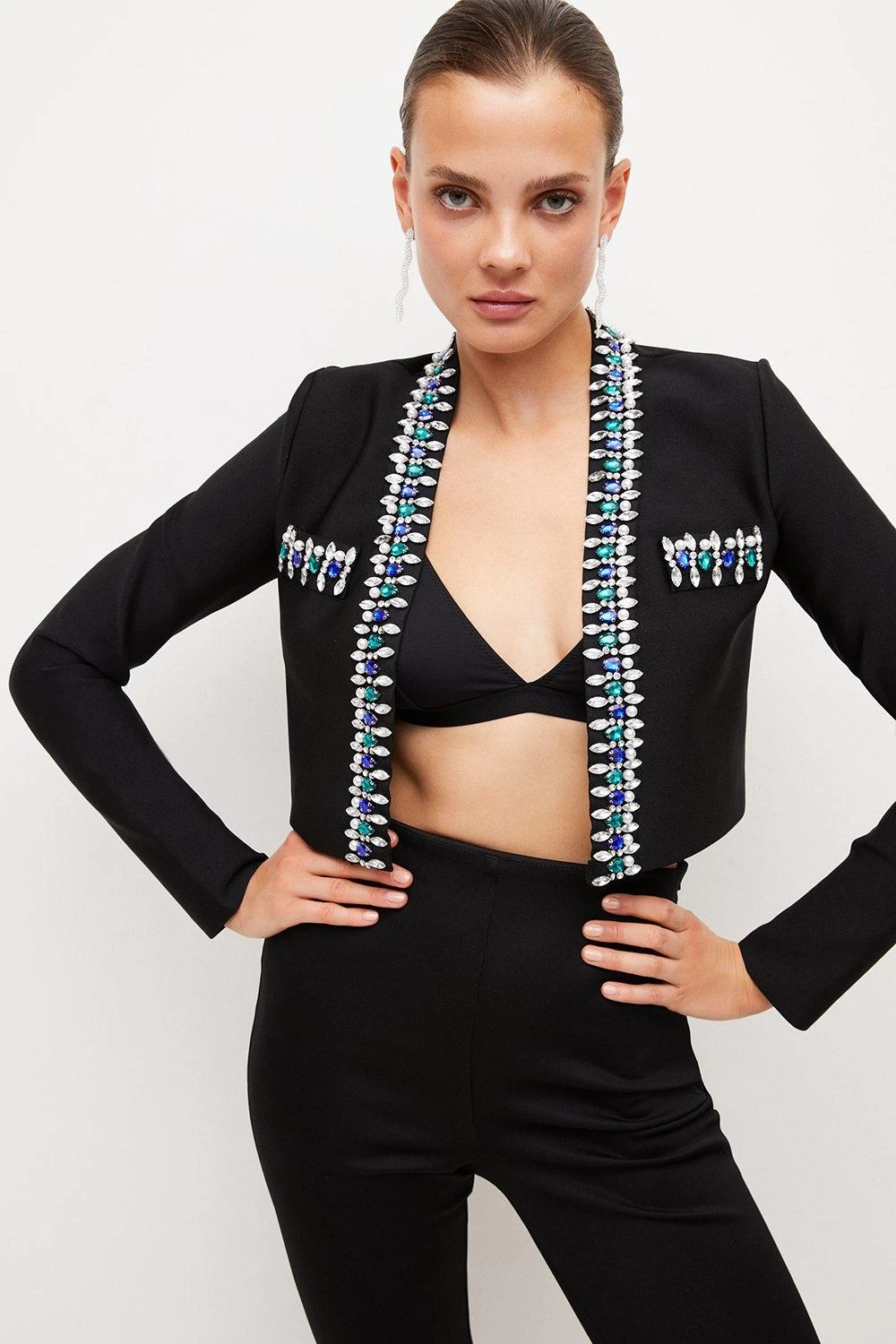 Karen Millen Embellished Cropped Bandage Knit Jacket - Image 5