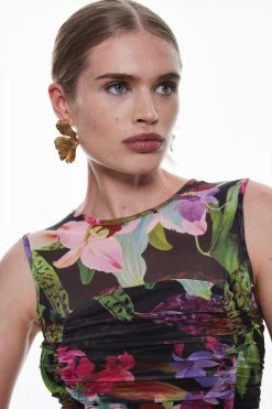 Karen Millen Floral Print Mesh Ruched Jersey Top