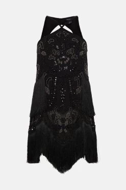 Karen Millen Fringed Beaded Halter Mini Dress