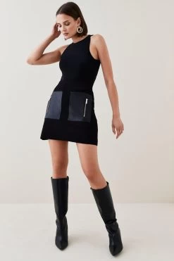 Karen Millen Full Needle Skirt With Pu Zip Detail Pockets