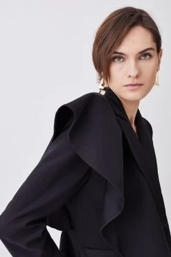 Karen Millen Italian Wool Satin Statement Ruffle Tailored Jacket