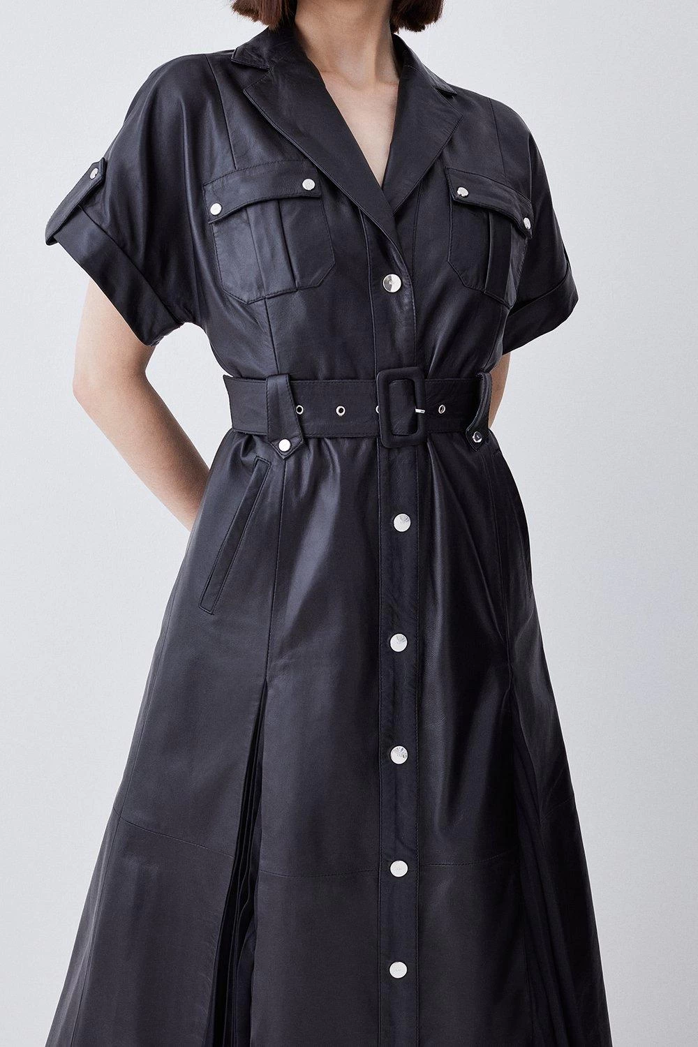 Karen Millen Leather Belted Button Detail Shirt Midi Dress - Image 6