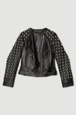 Karen Millen Leather Dome Stud & Quilted Detail Biker Jacket