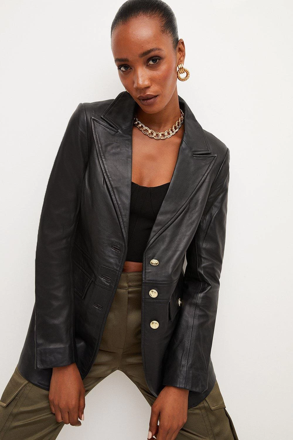 Karen Millen Leather Gold Button Single Breasted Blazer - Image 5
