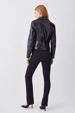 Karen Millen Leather Patent Panel Detail Biker Jacket