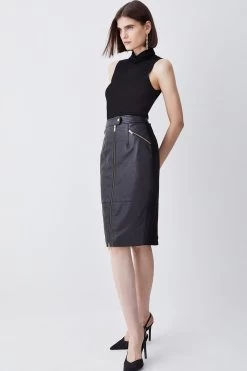 Karen Millen Leather & Ponte Zip Through Pencil Skirt