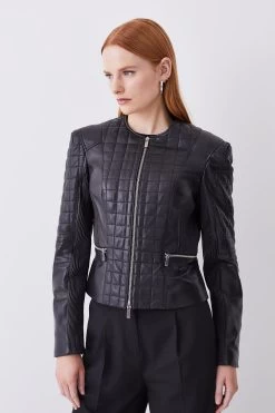 Karen Millen Leather Quilted Panelled Collarless Jacket