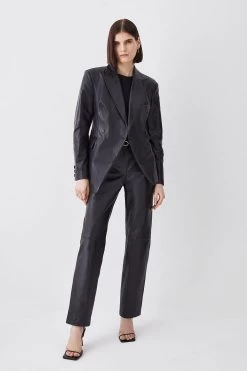 Karen Millen Leather Straight Leg Low Waist Trousers