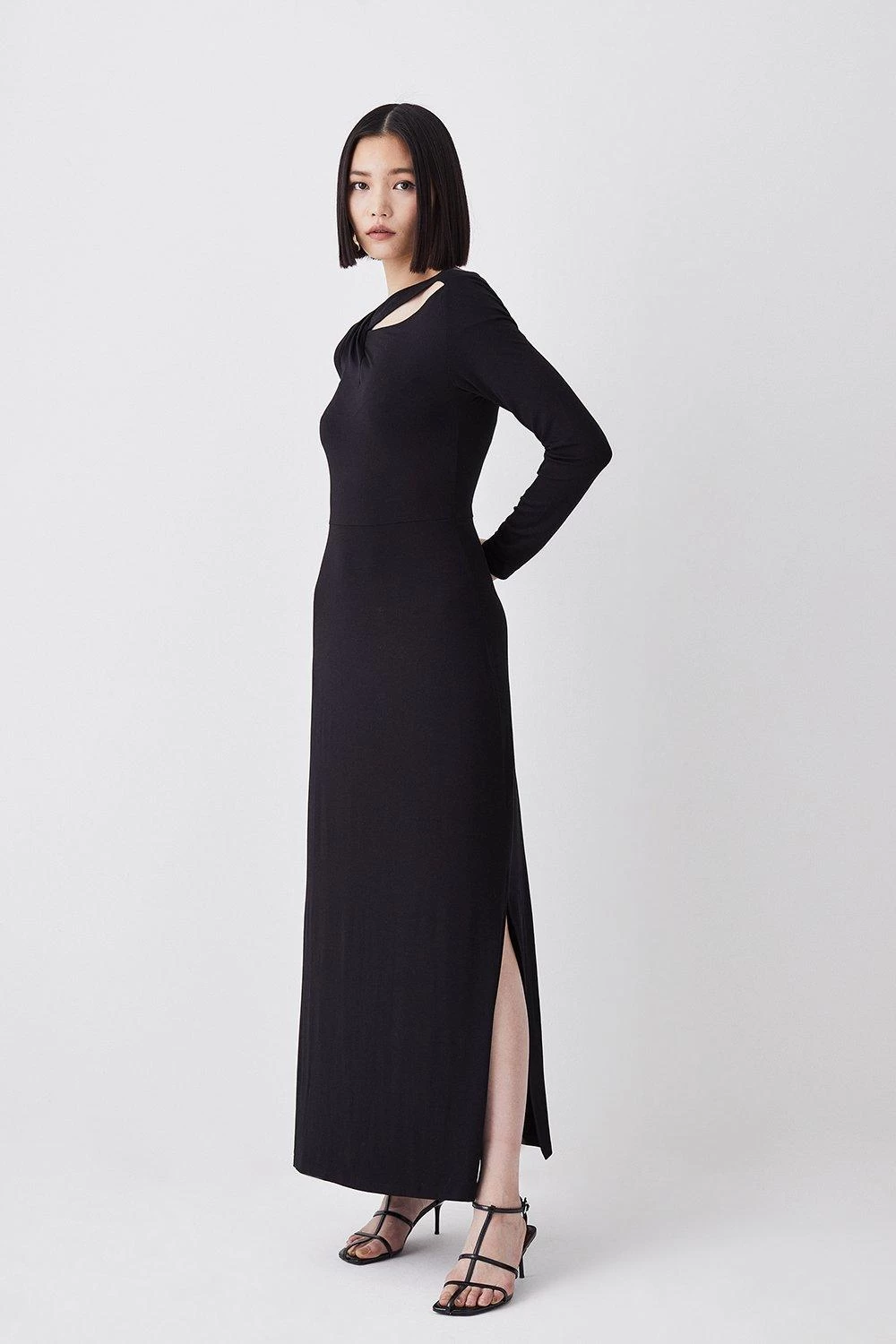 Karen Millen Long Sleeve Side Split Viscose Blend Jersey Midaxi Dress