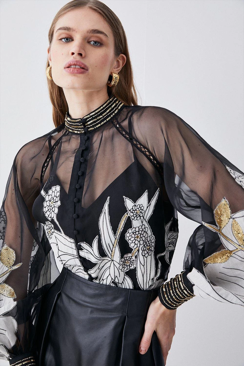 Karen Millen Organdie Applique Buttoned Woven Blouse - Image 3