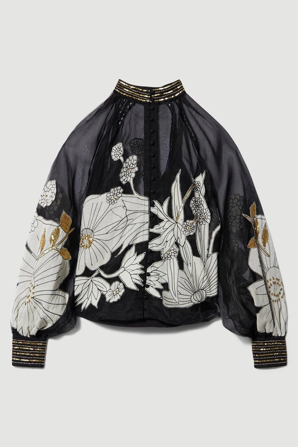 Karen Millen Organdie Applique Buttoned Woven Blouse