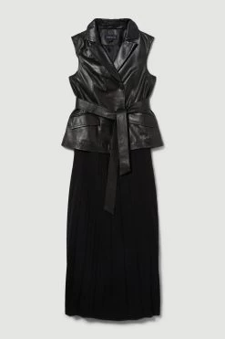 Karen Millen Petite Sleeveless Leather Wrap Pleat Skirt Midi Dress