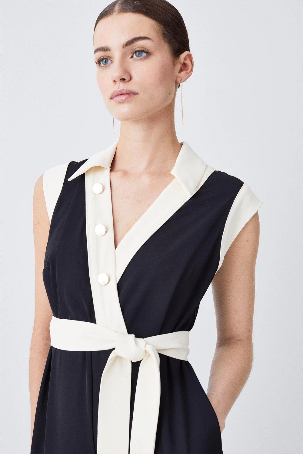 Karen Millen Petite Twill Button Detail Woven Wrap Jumpsuit - Image 5