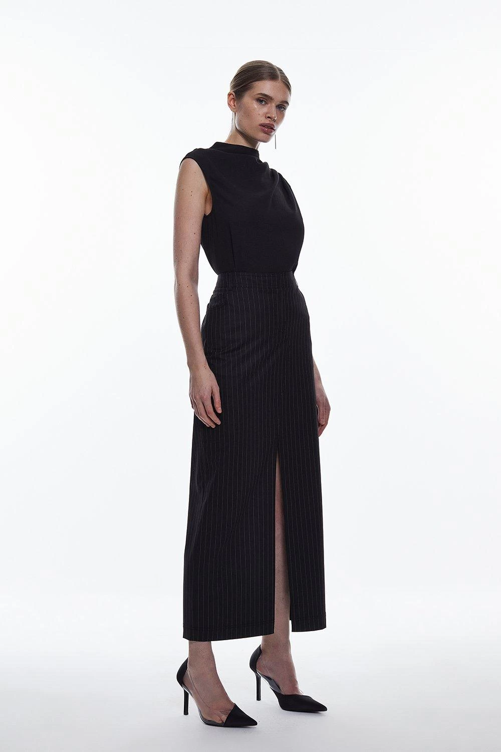 Karen Millen Pinstripe Tab Detail Midaxi Skirt