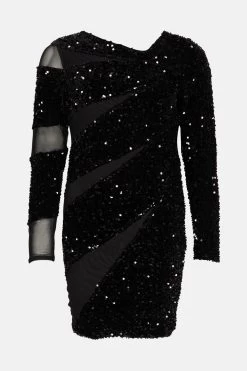 Karen Millen Sequin Mesh Detail Jersey Mini Dress