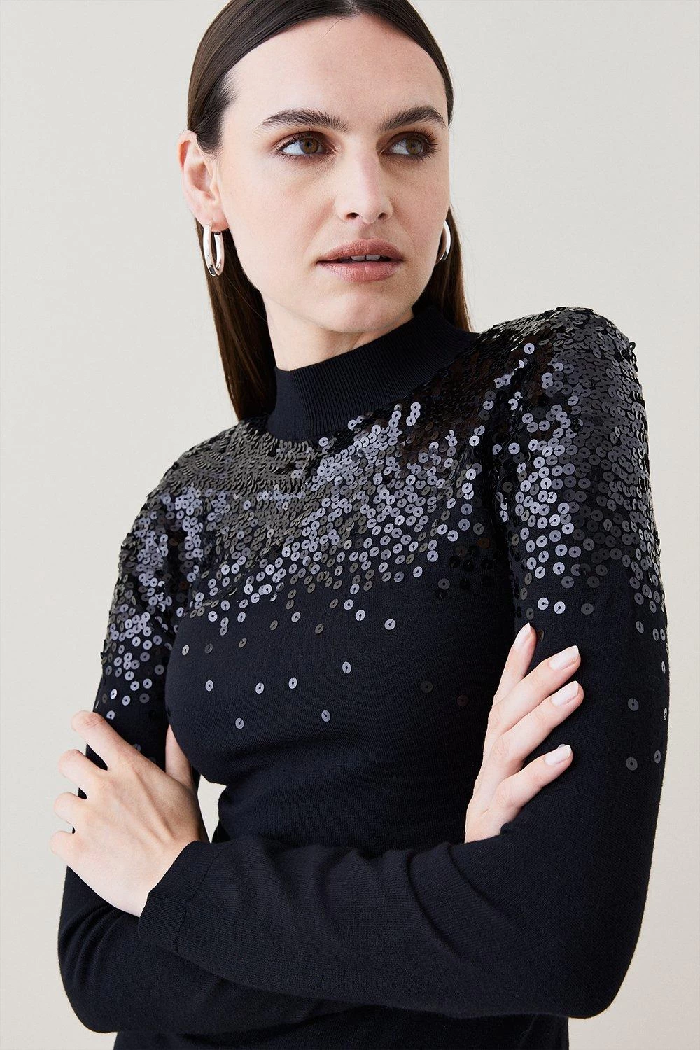 Karen Millen Sequinned Knit Funnel Neck Knit Mini Dress - Image 4