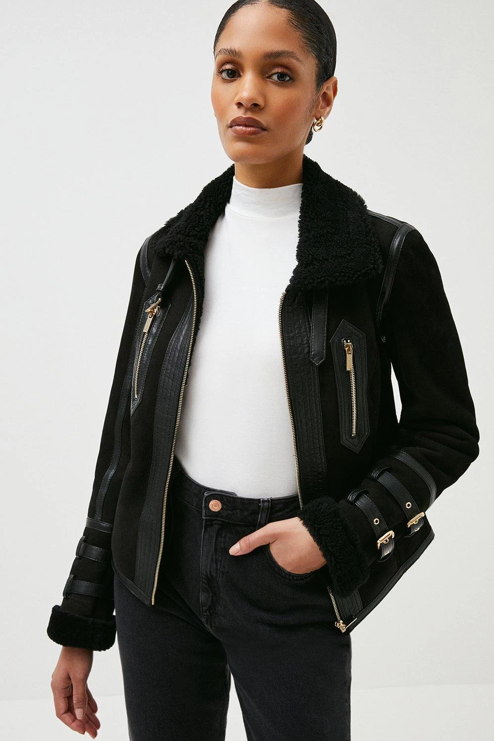 Karen Millen Short Shearling Aviator Jacket - Image 5