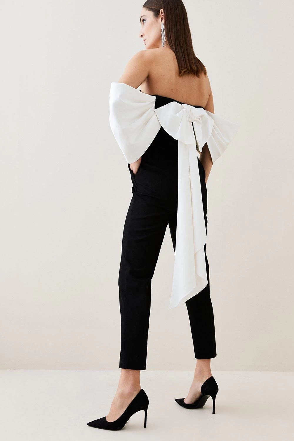 Karen Millen Structured Crepe Bardot Structured Satin Bow Back Jumpsuit - Image 3