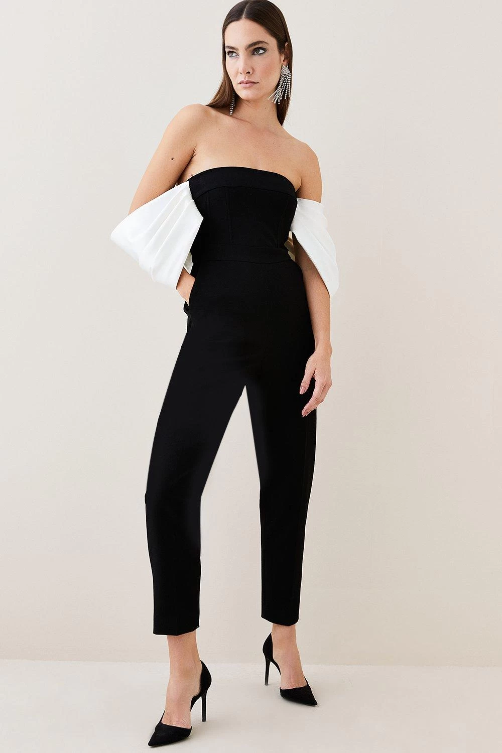 Karen Millen Structured Crepe Bardot Structured Satin Bow Back Jumpsuit