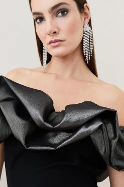 Karen Millen Structured Crepe Jacquard Ruffle Bardot Maxi Dress