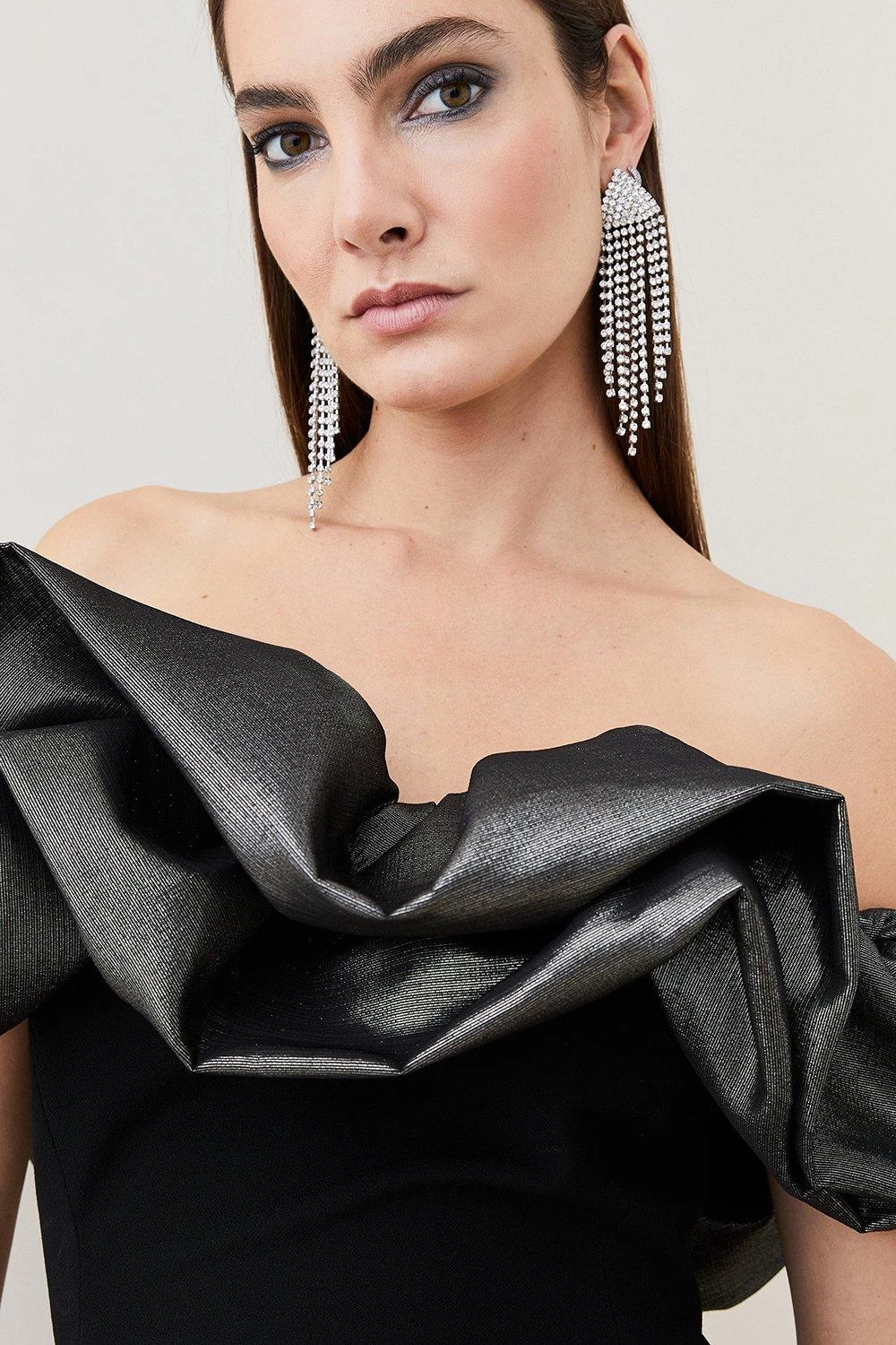 Karen Millen Structured Crepe Jacquard Ruffle Bardot Maxi Dress