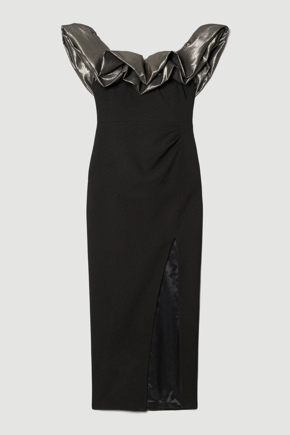 Karen Millen Structured Crepe Jacquard Ruffle Bardot Maxi Dress - Image 2