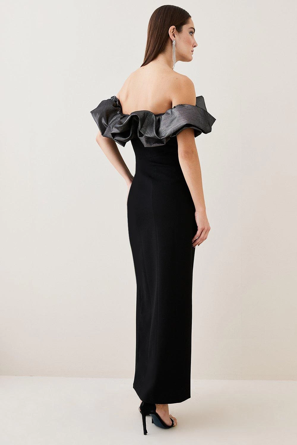 Karen Millen Structured Crepe Jacquard Ruffle Bardot Maxi Dress - Image 3