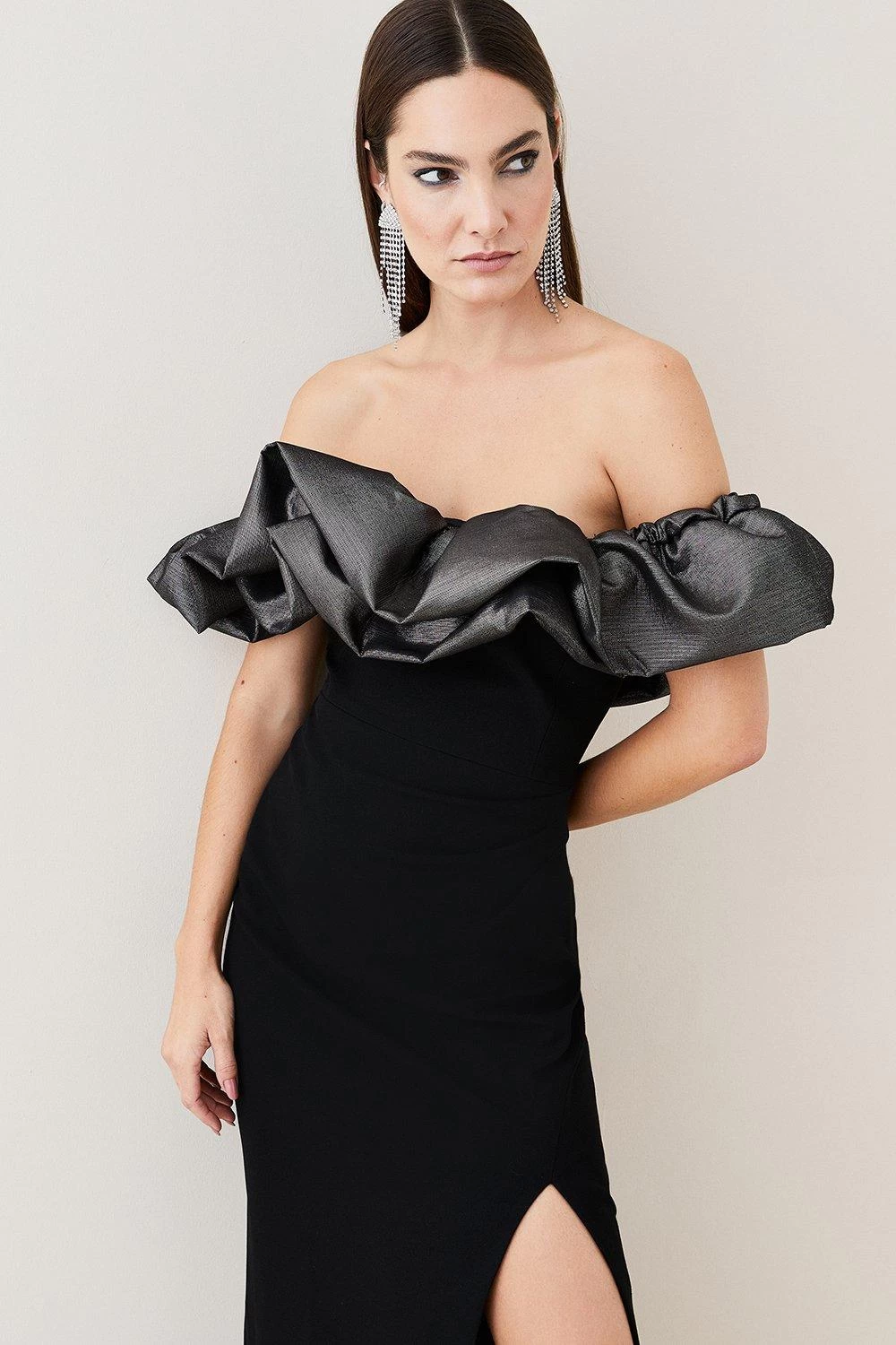 Karen Millen Structured Crepe Jacquard Ruffle Bardot Maxi Dress - Image 5