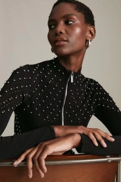 Karen Millen Stud Zip Through Pointelle Cardigan