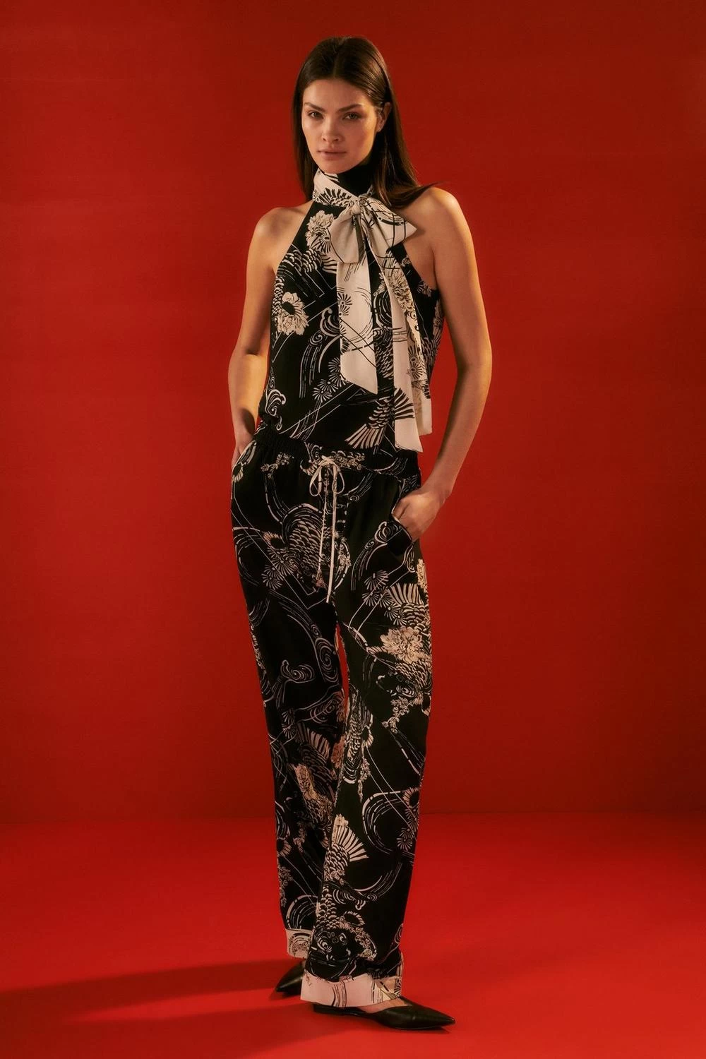 Karen Millen The Founder Koi Printed Tie Neck Woven Blouse - Image 5