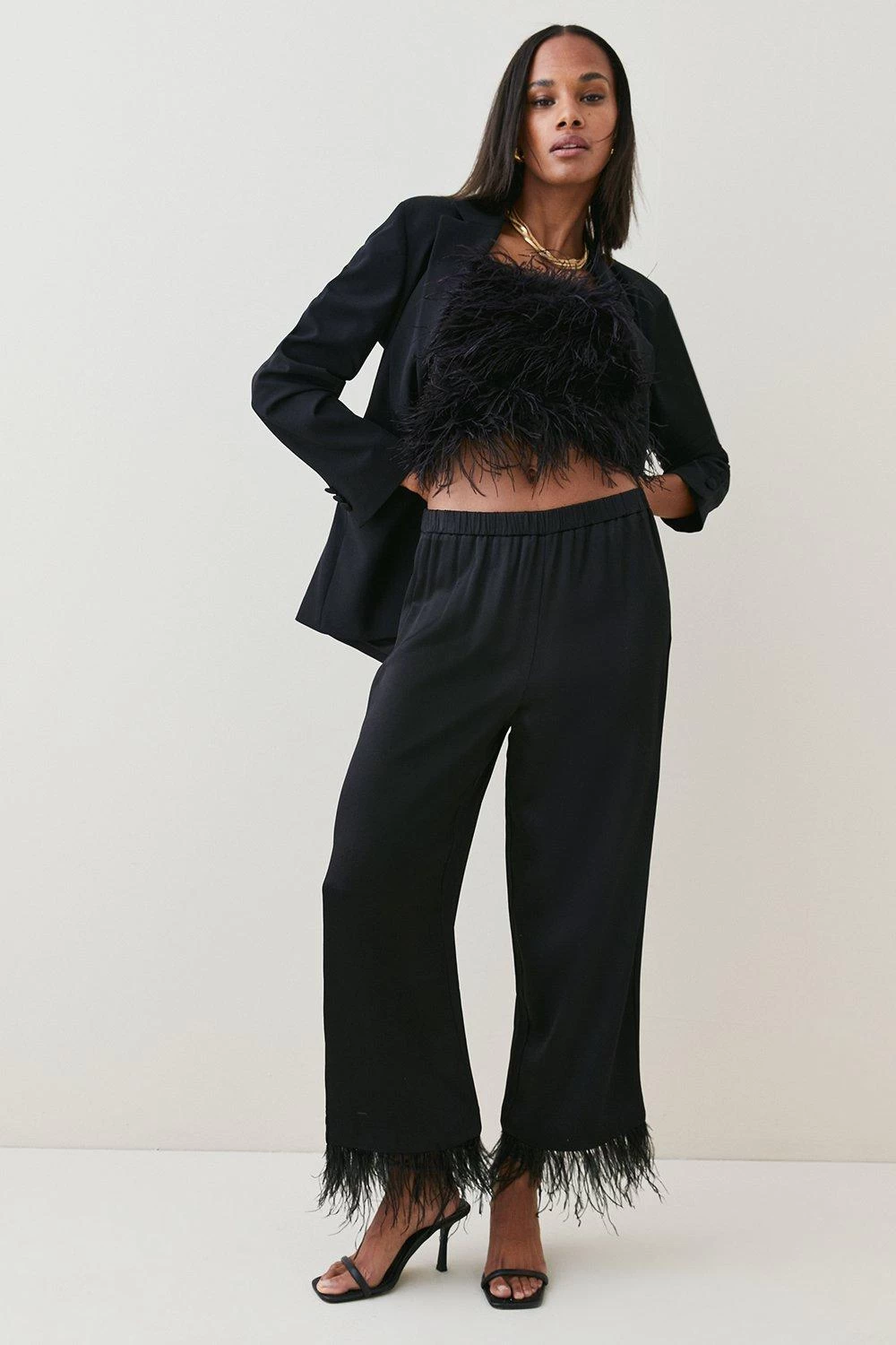 Karen Millen Viscose Satin Back Crepe Feather Hem Trouser - Image 3