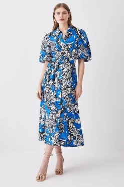 Karen Millen Batik Viscose Linen Belted Midi Shirt Dress