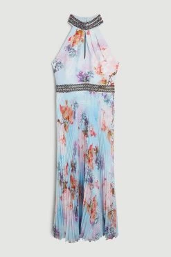 Karen Millen Diamante Trim Floral Pleat Skirt Midi Dress