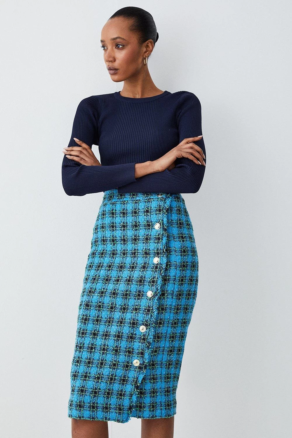 Karen Millen Italian Check Boucle Tailored Pencil Skirt