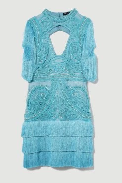 Karen Millen Petite Cornelli Embellished Fringed Woven Dress