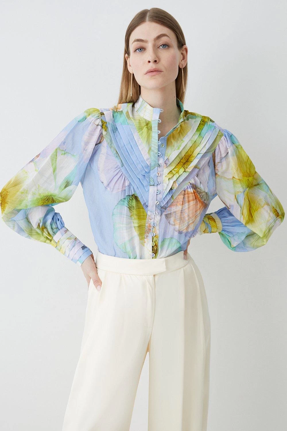 Karen Millen Photographic Floral Balloon Sleeve Silk Cotton Blouse - Image 5