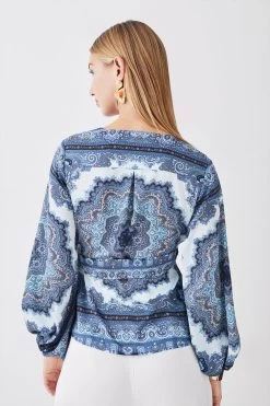 Karen Millen Scarf Printed Hammered Satin Woven Wrap Top