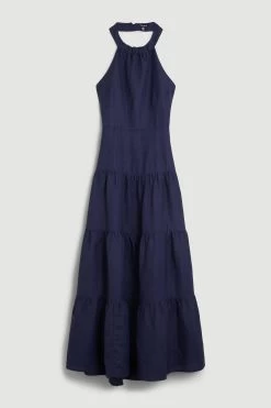 Karen Millen Viscose Linen Halterneck Tiered Maxi Dress