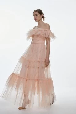 Karen Millen Tulle Corseted Bardot Maxi Dress