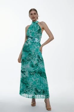 Karen Millen Bright Animal Georgette Belted Pleated Midi Dress